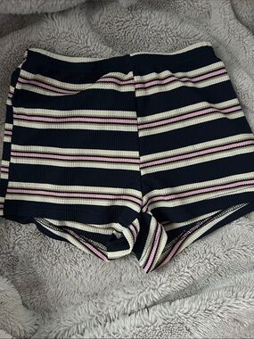 Women's Navy Striped Knit Shorts - Pink & Cream Accents
